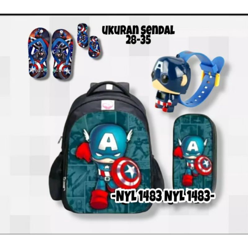 (COD)Ransel Batman Logo Avengers 3in1 Tas Ransel anak sekolah+jam pencet+sendal 28-35