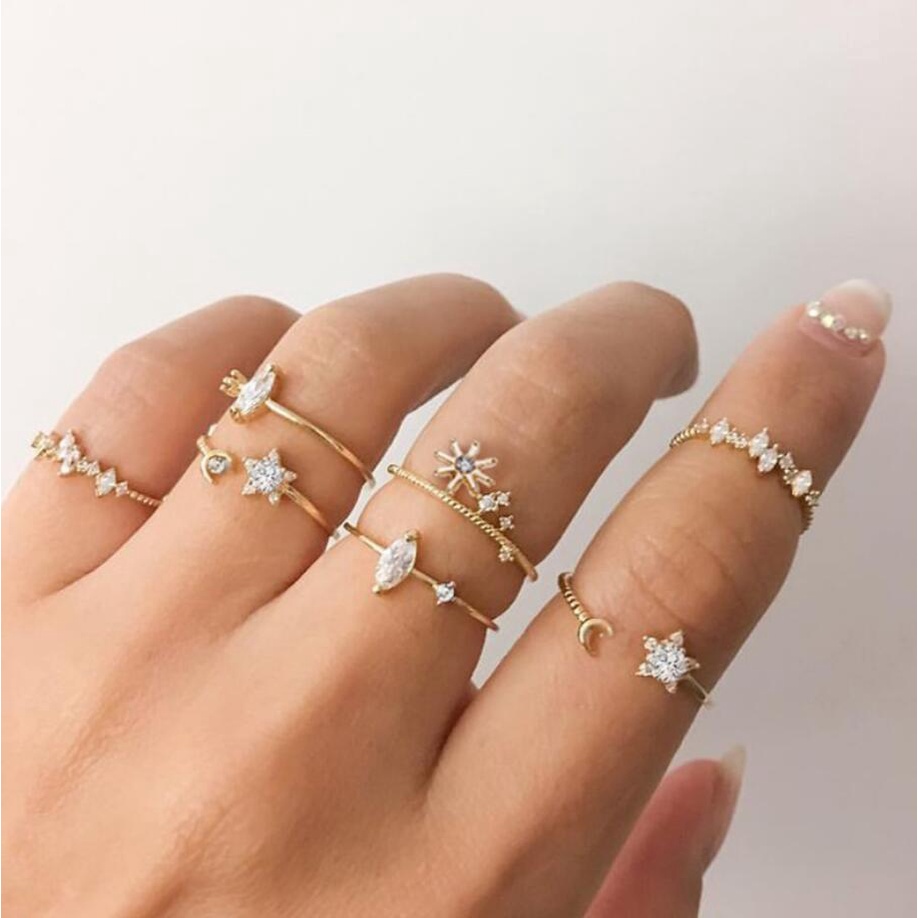 9pcs/set European American Vintage Style Gold All Match Open Adjustable Alloy Women Ring for Girlfriend Gift