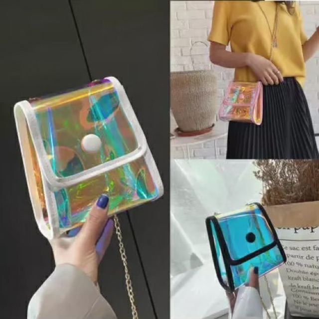 New Tas Selempang Mini MIKROSKOPIK Hologram Transparant Tali Rante Milenial Kekinian