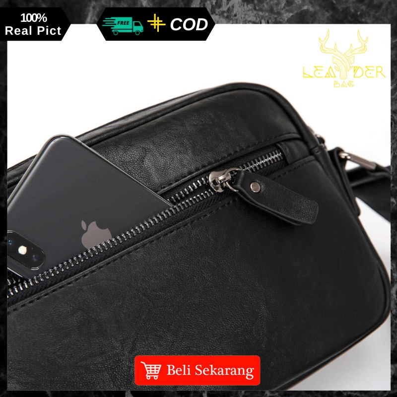 Tas Selempang Kulit Cowok Original Distro Keren Model Terbaru Waterproof Warna Hitam Berkualitas B09