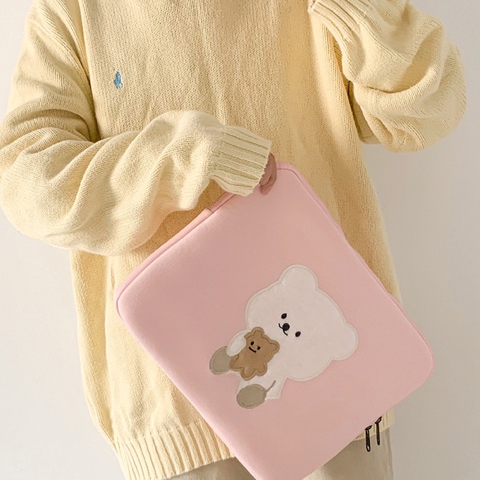 Sleeve Pouch Sarung Tas Bag Case Ipad Tab Tablet Macbook Air Pro Laptop Asus Acer Lenovo HP Huawei 11 12 13 14 15 inch Motif Gambar Beruang Bear Warna Pink Soft Lucu Cute Murah Korean Model