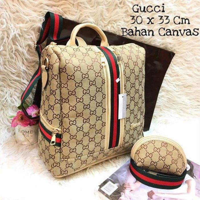 Tas Wanita Ransel Selempang Gucci Unik Canvas Cream Hitam Grey Red