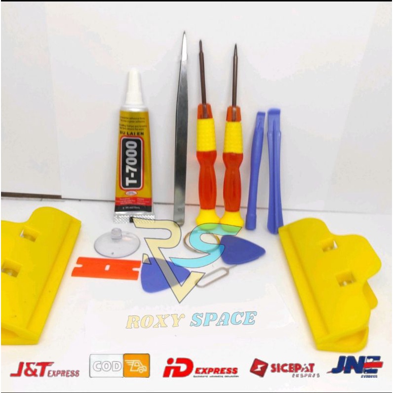 satu set lengkap service handphone - 1 set obeng + 2 penjepit lcd dan satu lem T7000