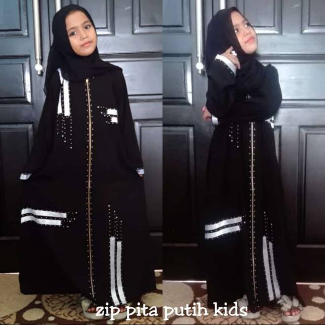 Abaya Gamis Arab hitam Ziper Pita Anak Silver