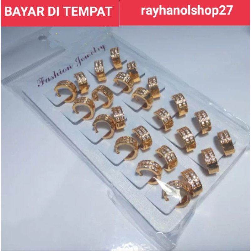 ( HARGA GROSIR ) 12 pcs Anting jepit wanita Titanium gold permata