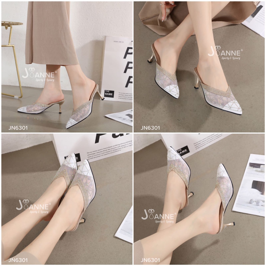 JOANNE Mules Heels Mutiara Glitter Pesta Shoes #JN6301 ORIGINAL