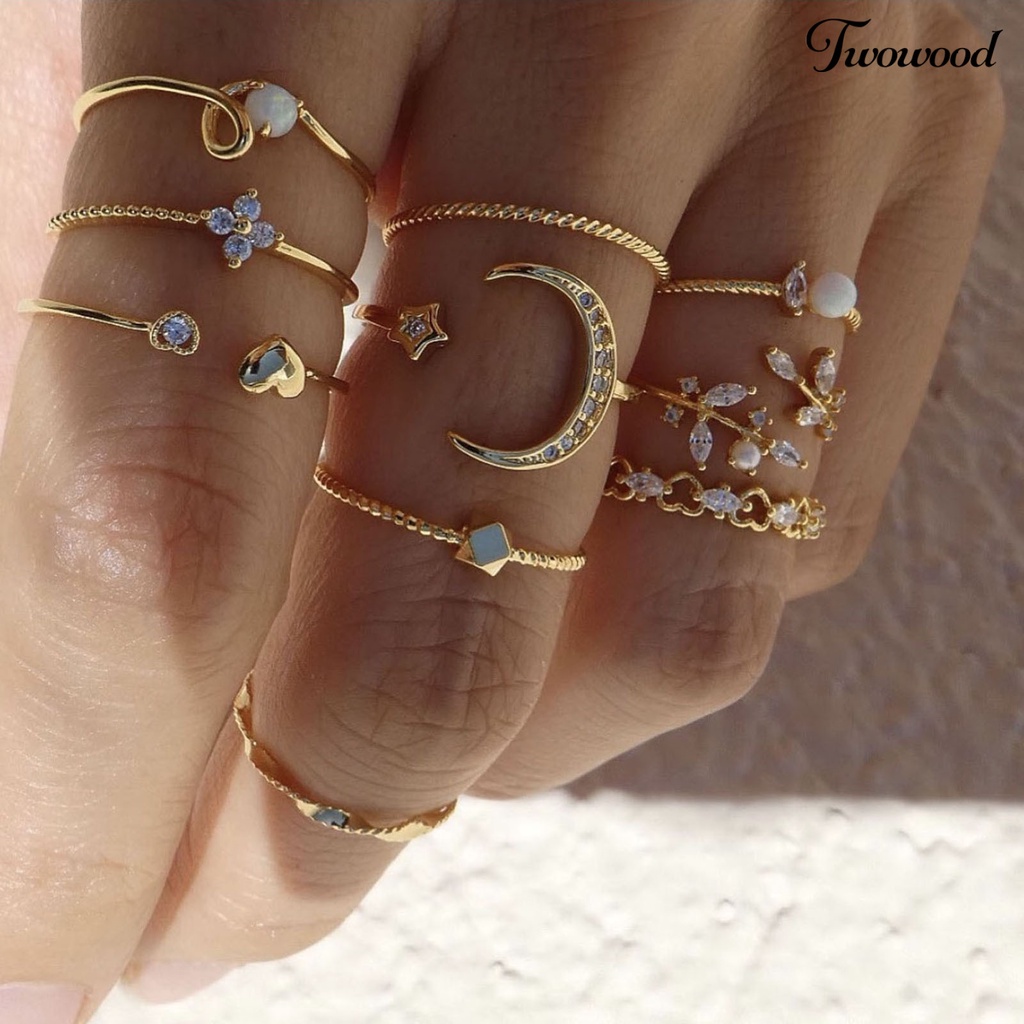 Twowood 10Pcs Metal Ring Irregular Exquisite Alloy Cubic Zirconia Jewelry Ring for Daily Wear