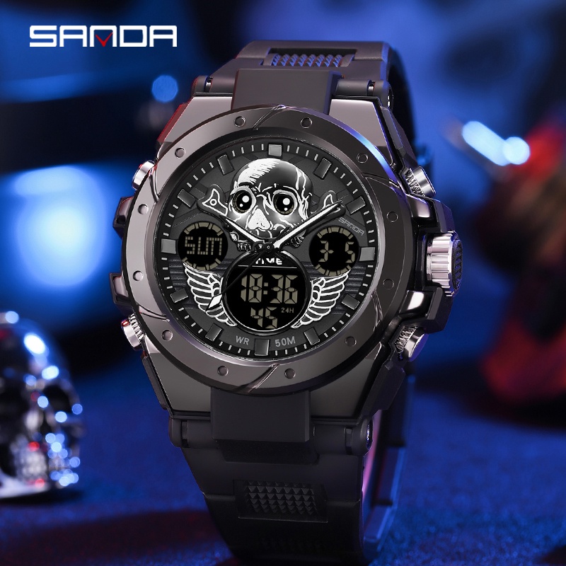 SANDA 6087 Jam Tangan Pria Digital Analog Tali Rubber Chronograph Anti Air WATCHKITE WKOS