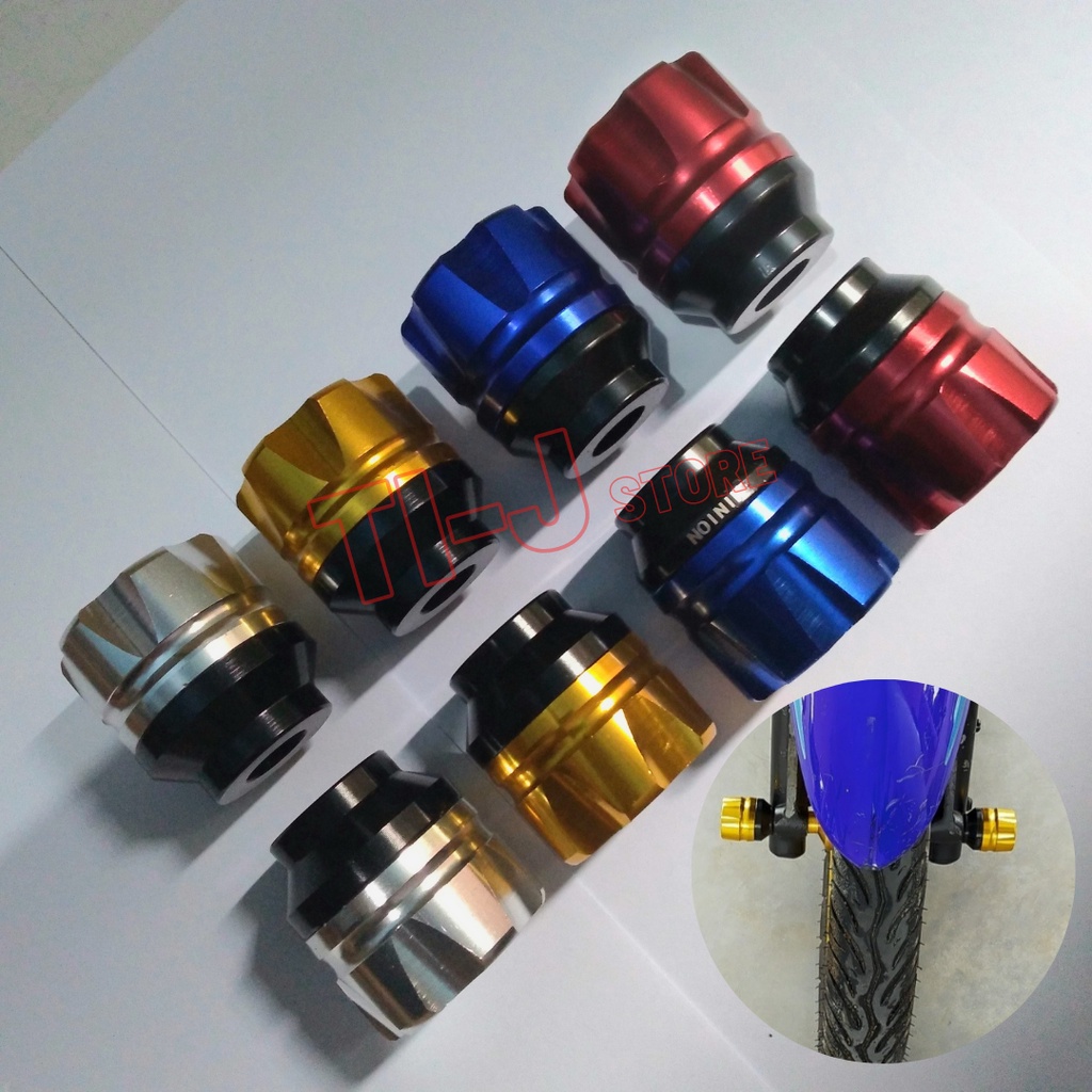 sepasang jalu as roda depan full cnc model corong warna merah, biru, gold