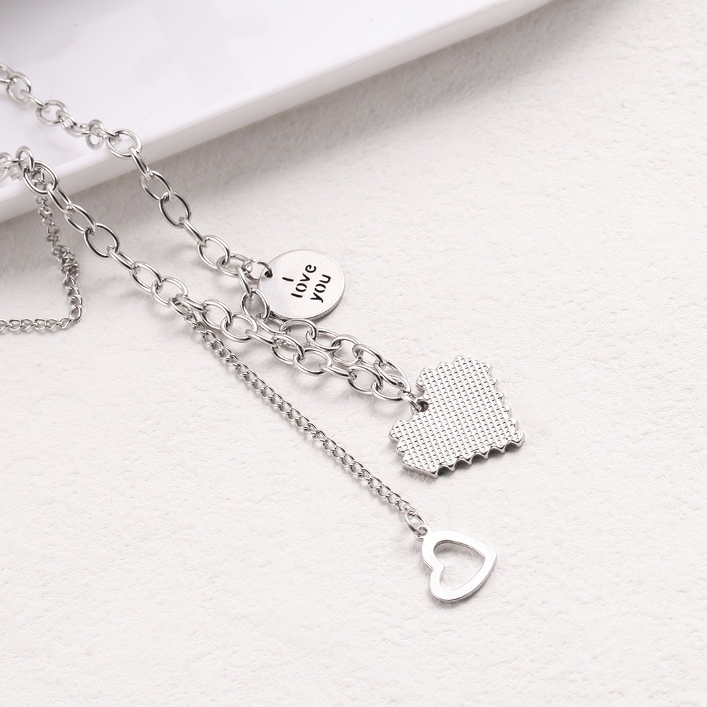 Kalung Rantai Klavikula Liontin Hati Mosaik Lapisan Ganda Bahan Stainless Steel Gaya Korea Untuk Wanita