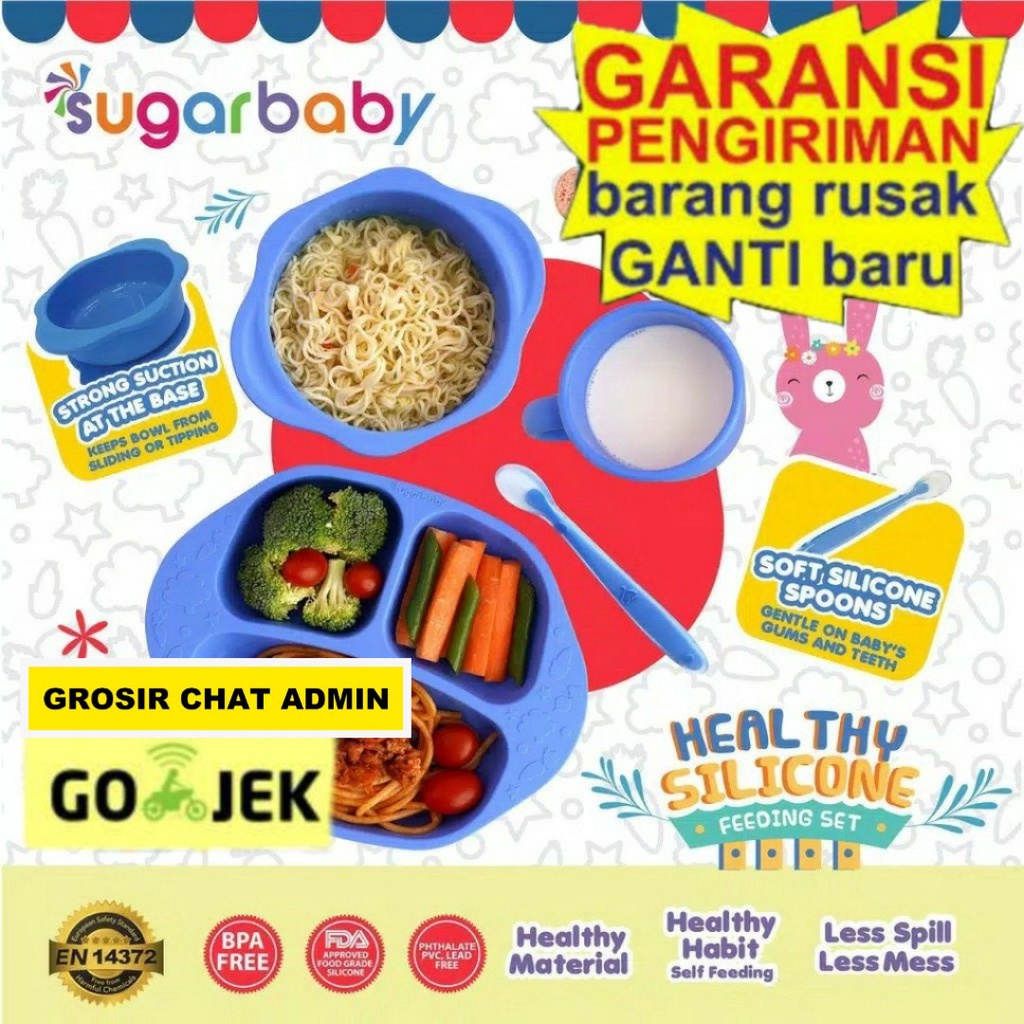 SUGARBABY PIRING MANGKOK MANGKUK DAN SENDOK GARPU Feeding set makan bayi sugar baby piring set mangkok silikon sugarbaby 4 in1 healthy silicone