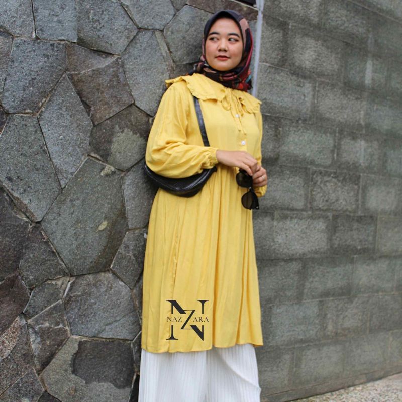 Pakaian Muslim Wanita - Kyra Midi Dress Rayon / Tunik Busui Kekinian/ Kerah Ala Korean Style Terlaris 2022