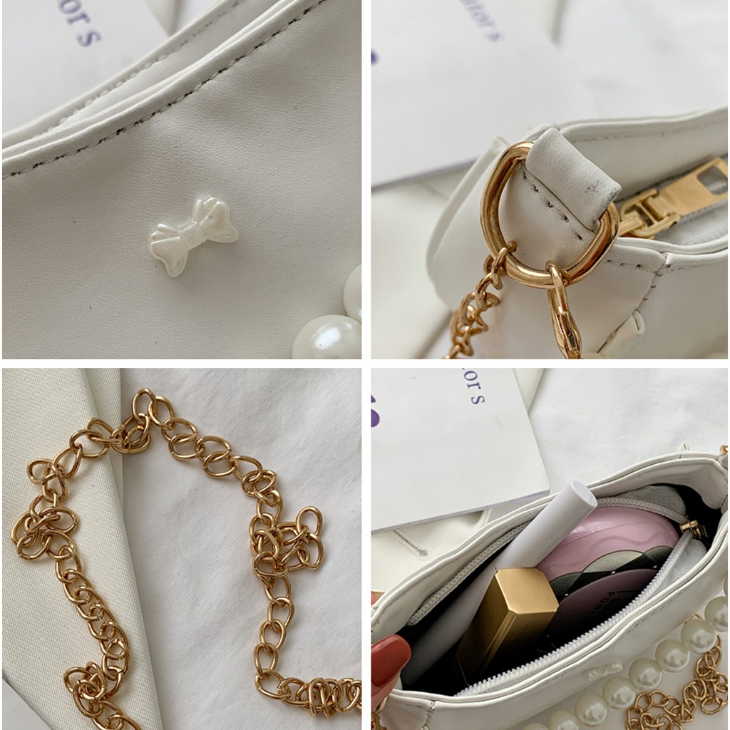 Mini Bag Wanita Aksen Mutiara Tali Rantai / Slingbag Mini Cantik Motif Pita Dengan Aksen Mutiara/tas