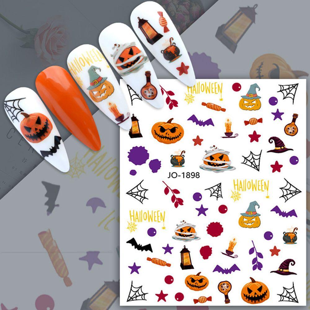 AUGUSTINA Agustinina Halloween Stiker Kuku Fashion Perekat Diri Joker Spider Skeleton Pola Labu Halloween Kuku Foil