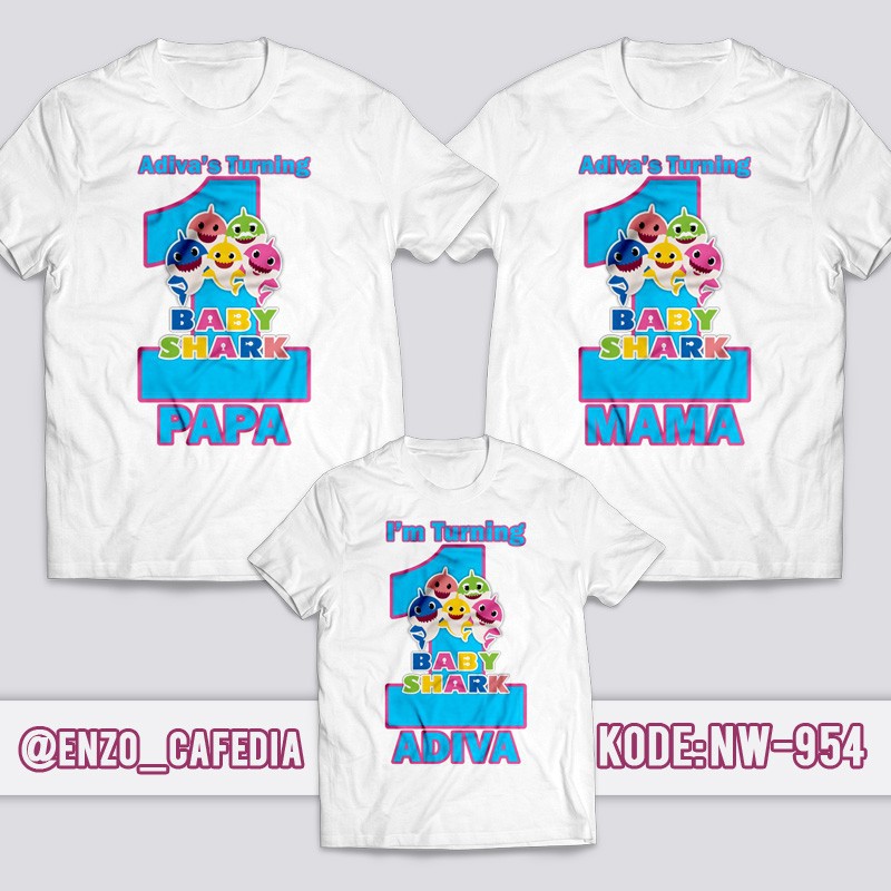 Baju Couple Keluarga | Baju Ulang Tahun | Kaos Motif Baby Shark NW 954 | Gratis Custom | Kaos Cauple
