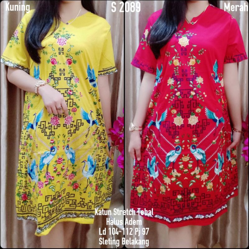S 2089 #Dress Batik Imlek Motif Burung Baju Imlek