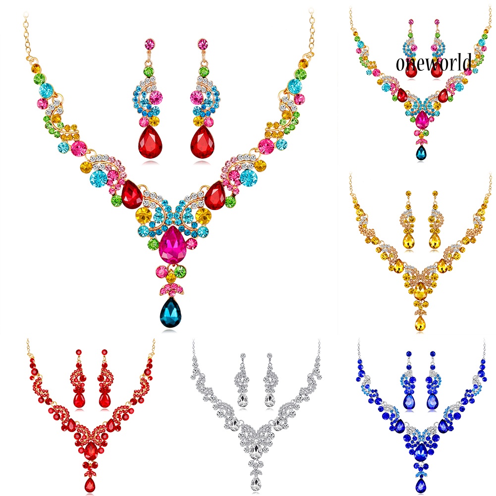 OW@ Women Jewelry Set Elegant Rhinestone Teardrop Pendant Wedding Necklace Earrings