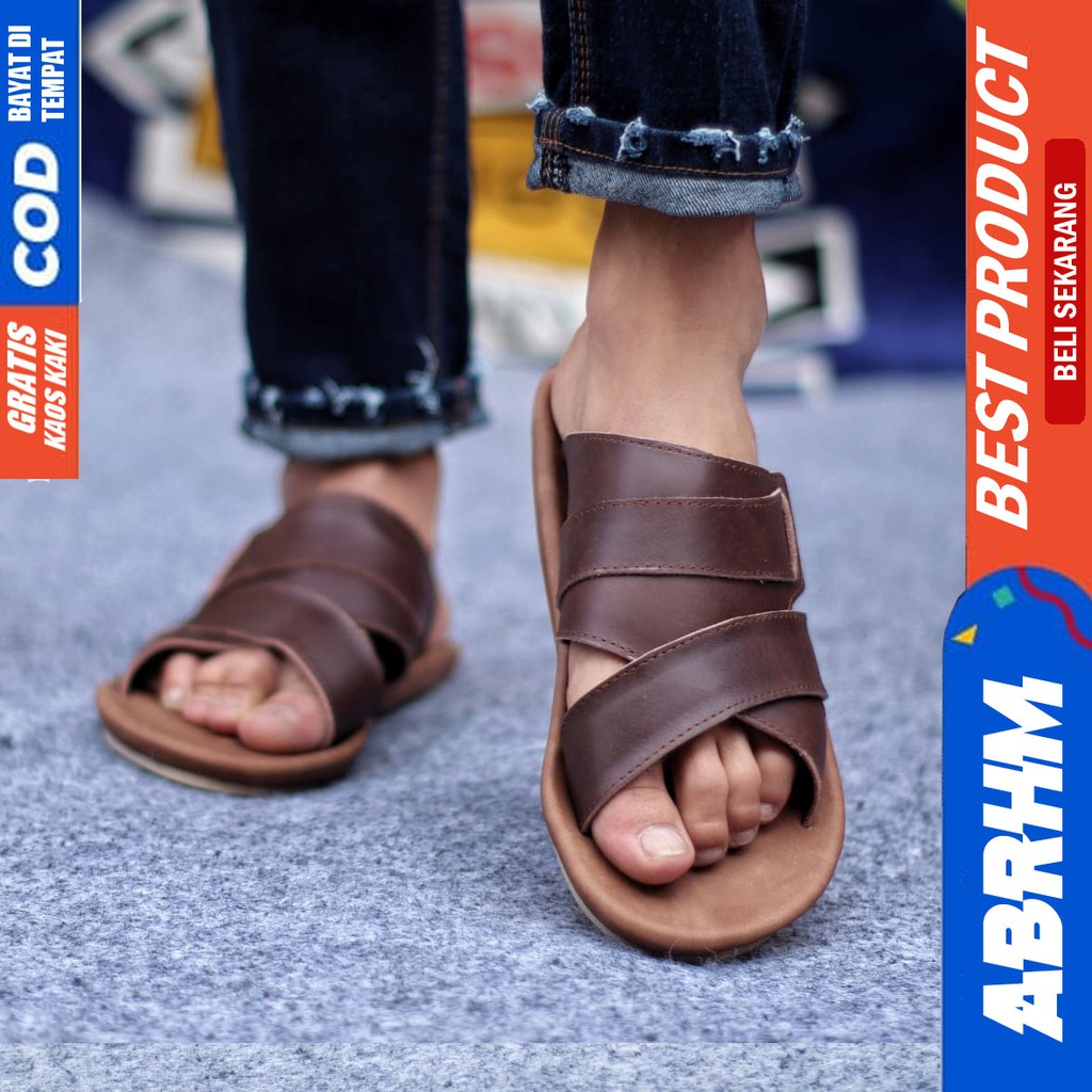 ABRHM x EXCO Sandal Slide Pria Sandal Slop Pria Kulit Asli Sendal Selop Cowok / Cowo Ori Kekinian