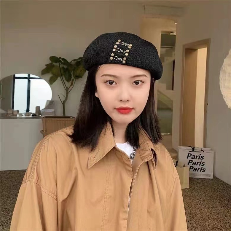 Topi Baret Rajut Tipis breathable Warna Aprikot Polos Gaya Retro Korea Untuk Musim Panas