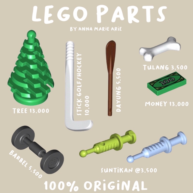 Lego Parts Pohon, Stick Golf, Dayung, Barbel, Suntikan, Uang dan Tulang