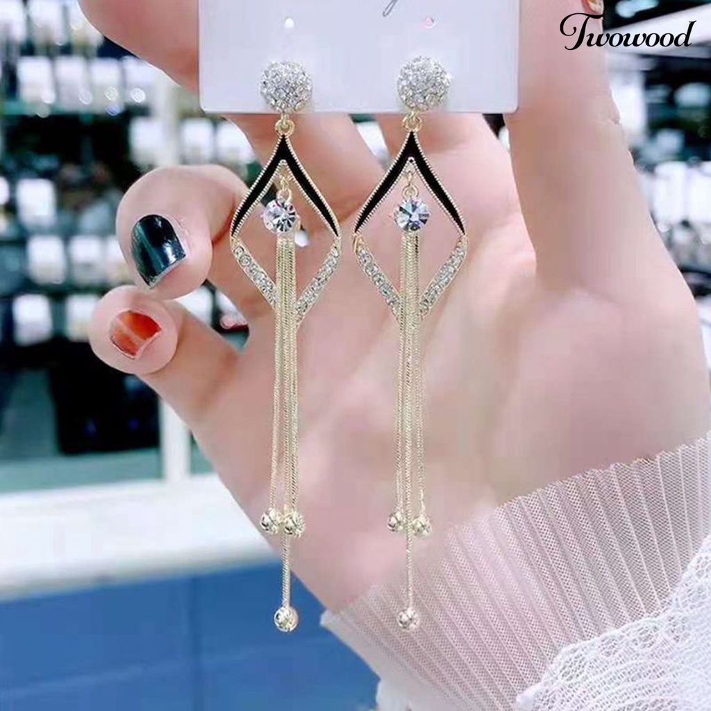 Twowood 1 Pair Women Earrings Tassel Rhinestone Durable Romantic Drop Earrings for Dating