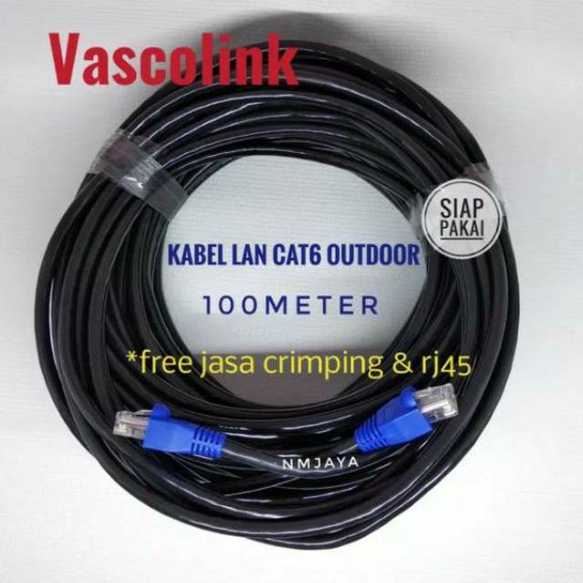 Kabel Lan Outdoor 100 Meter FTP CAT6 Siap Pakai sudah dicrimping rj45 besi dan plugbooth Vascolink Warna Hitam