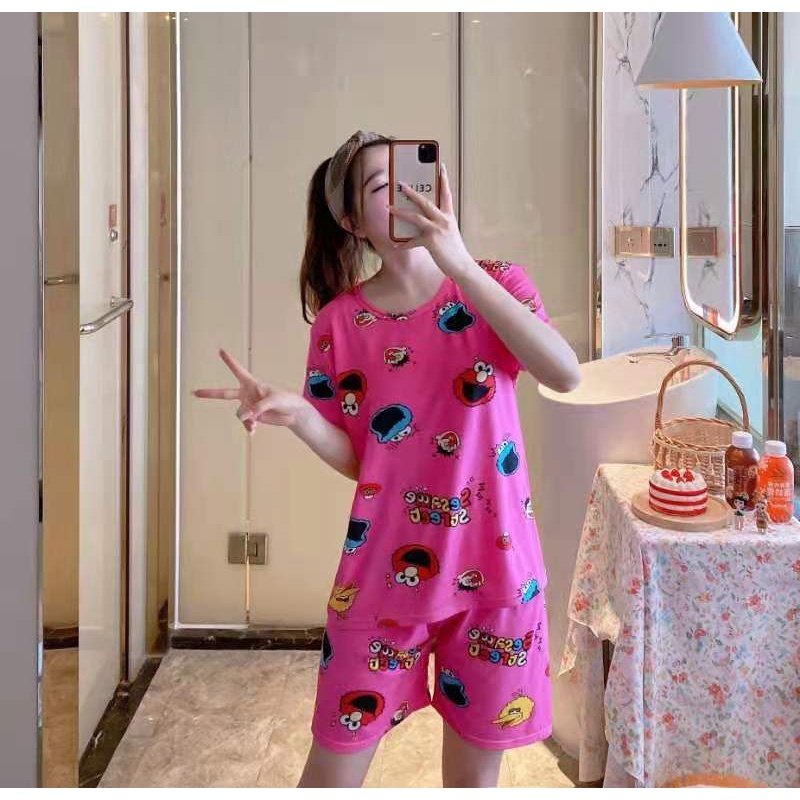 NEW SET PIYAMA IMPORT / SLEEPWEAR / BAJU TIDUR MURAH-Set Elmo pink