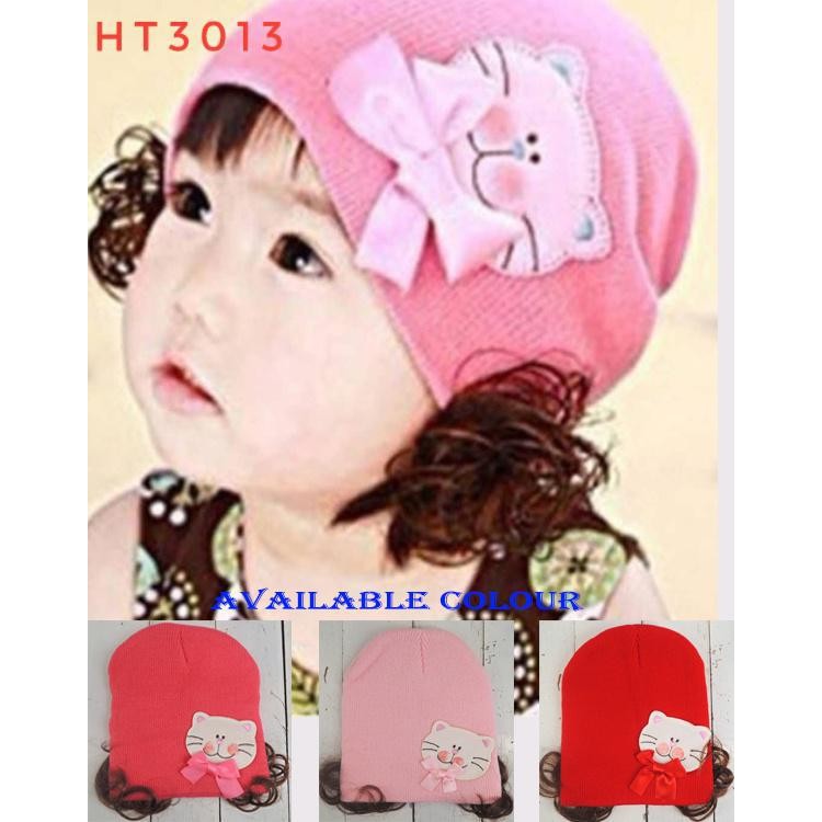 Topi kepang rajut Kucing pita topi anak baby girl