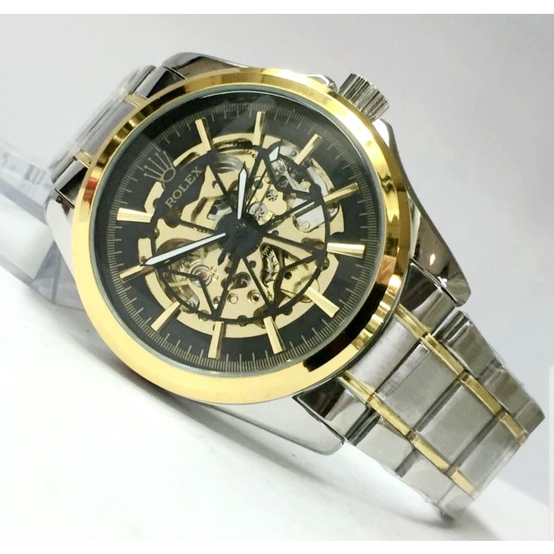 Jam Tangan Pria Otomatis Skeleton Rolex Big Chain Rantai Kombinasi Hitam