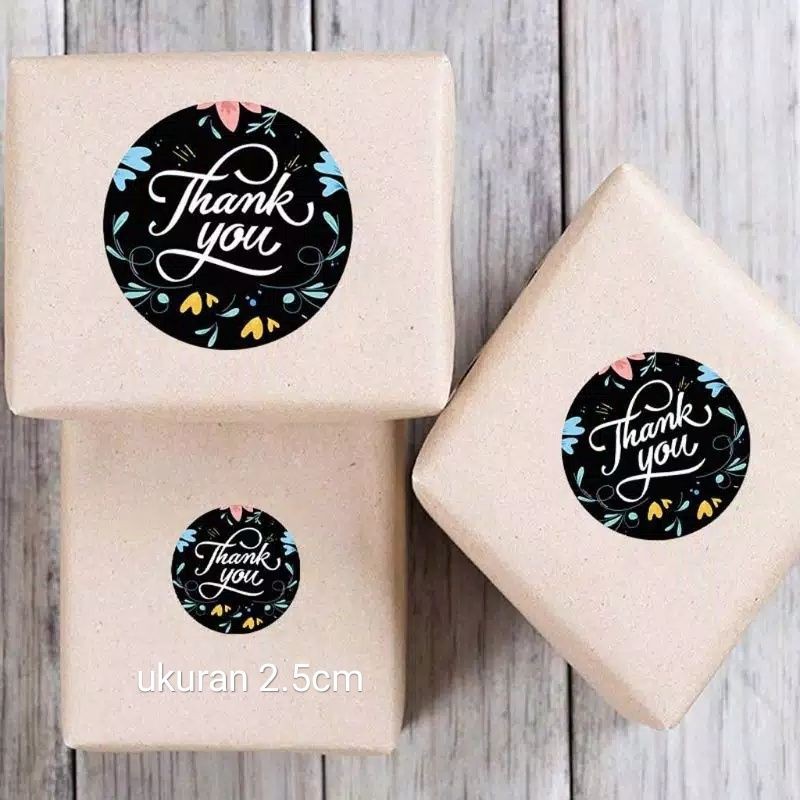 sticker thank you stiker label kemasan segel dus box 1 roll 500pcs dekorasi hampers packaging sealer amplop black