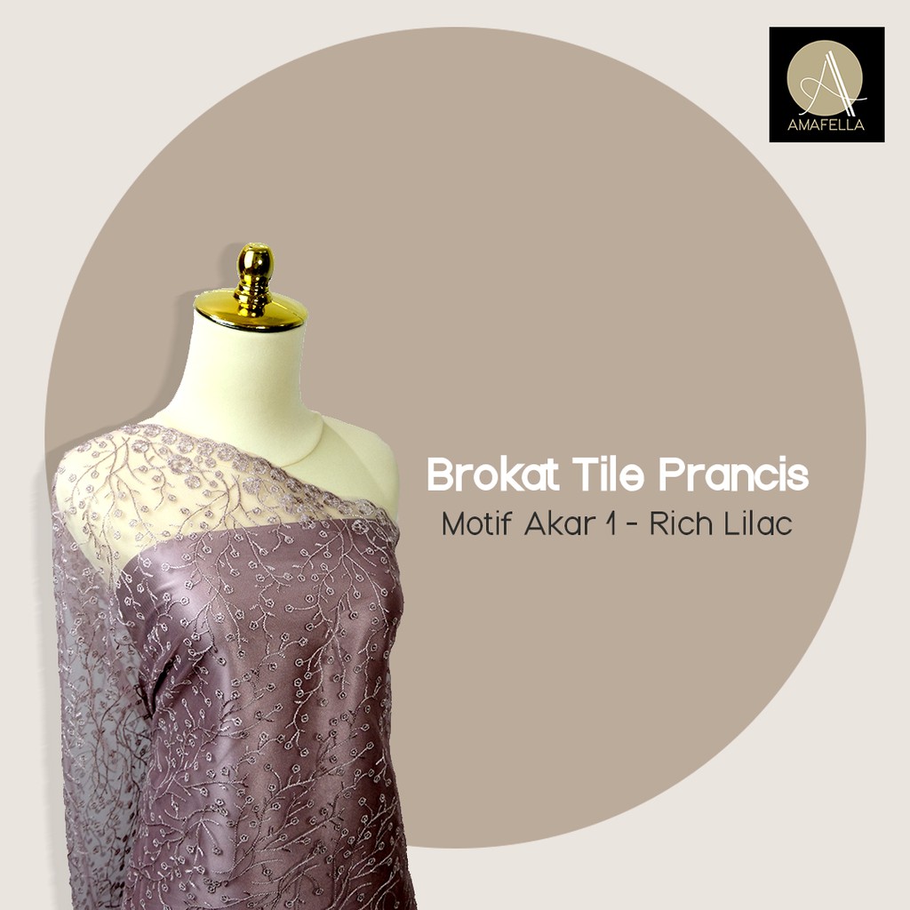 1/2 meter Kain Brukat Brokat Tile Prancis Bahan Kebaya Motif Akar Warna Ungu Rich Lilac