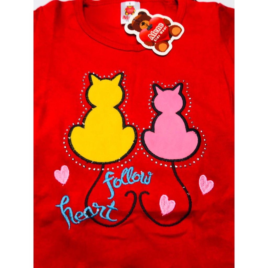 kaos atasan bordir anak perempuan kucing merah ukuran 1-9 tahun / baju kaos bordir anak perempuan