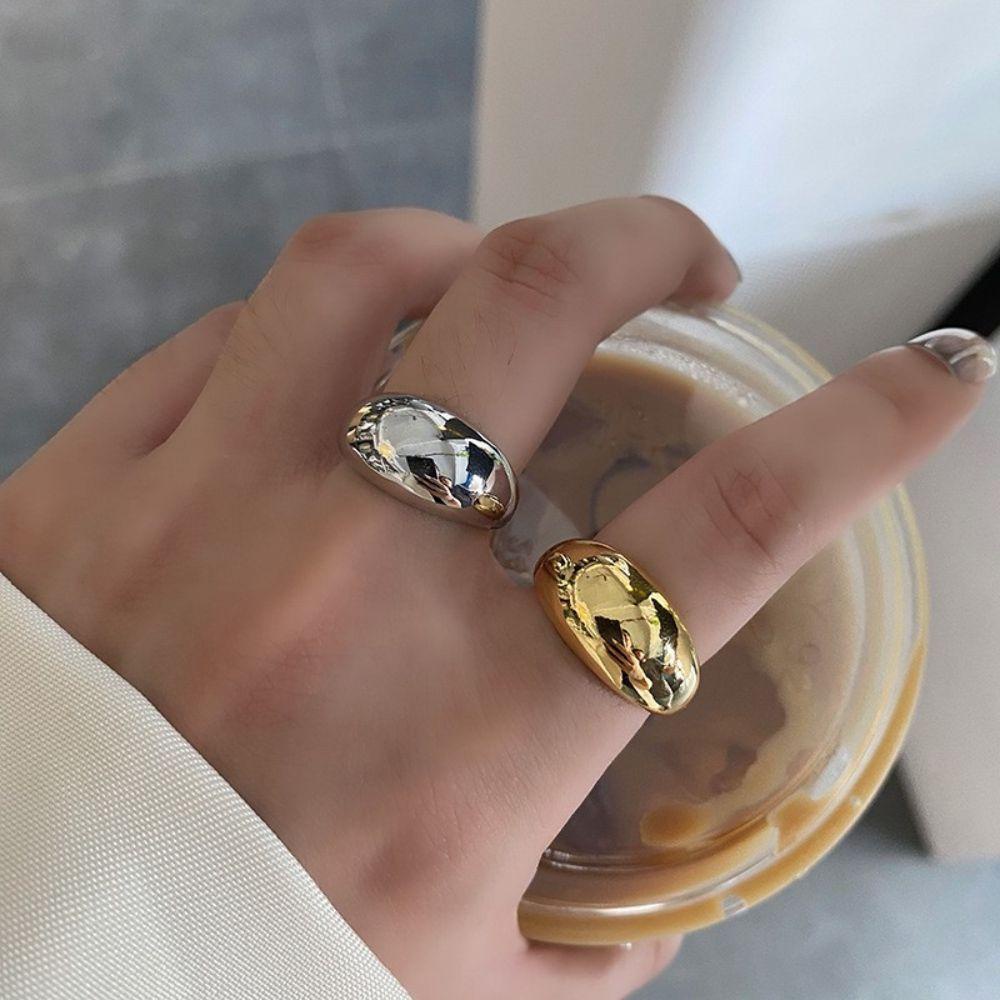 Mxbeauty Cincin Besar Halus Dapat Disesuaikan Sederhana Perak Emas Geometris Warna Murni Perhiasan Wanita