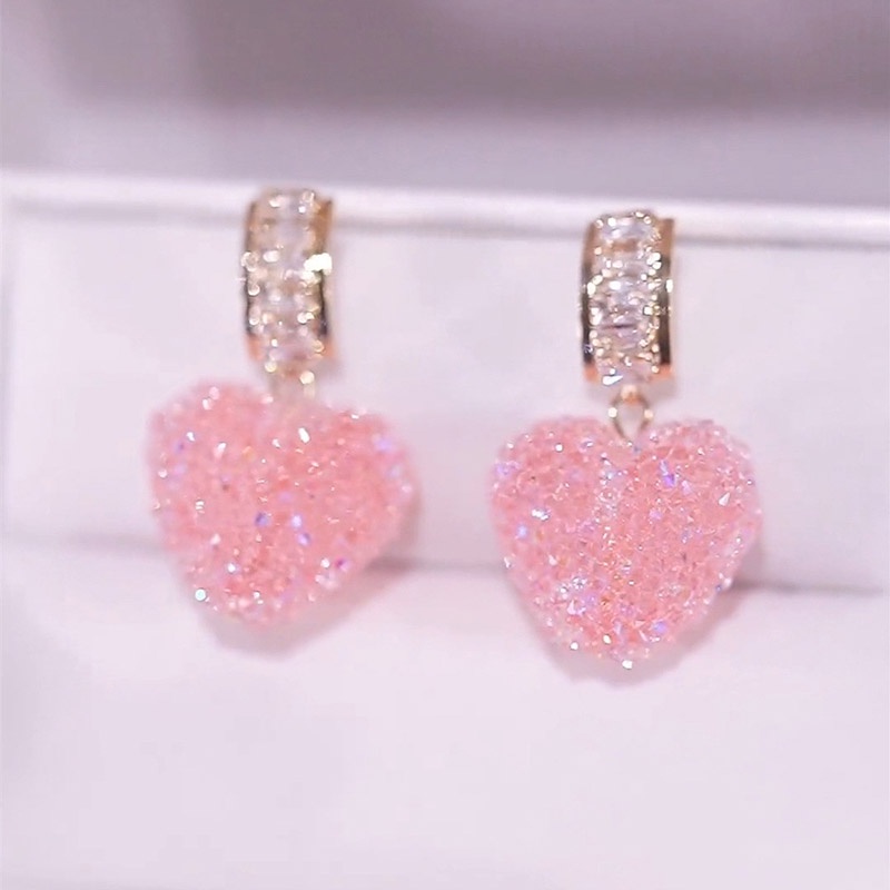 Anting Bentuk Hati Warna Pink Aksen Berlian Imitasi