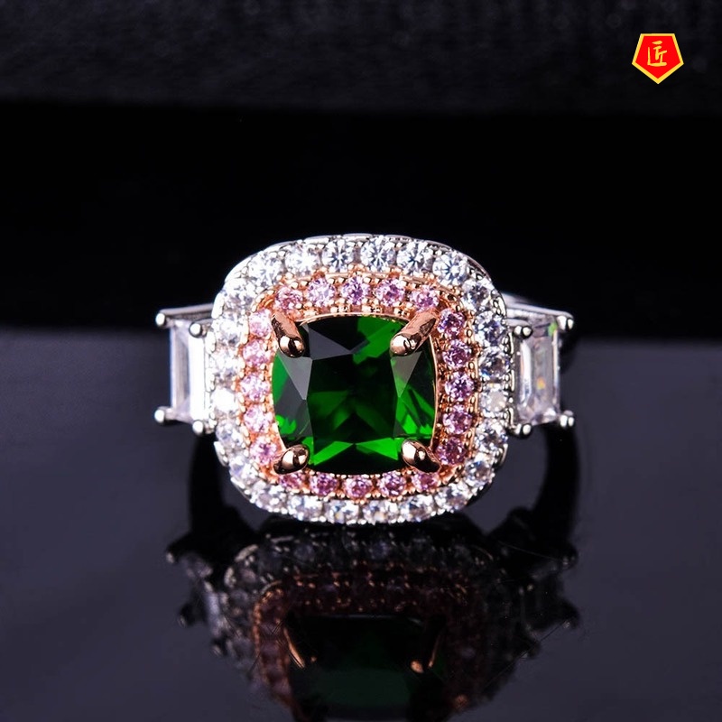[Ready Stock]INS Style Two-Tone Inlaid Emerald Square Diamond Ring