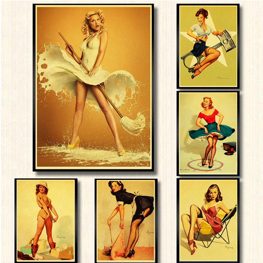 Poster Kertas Kraft Retro Motif Print Wanita Sexy Perang Dunia Ii Untuk Dekorasi Dinding