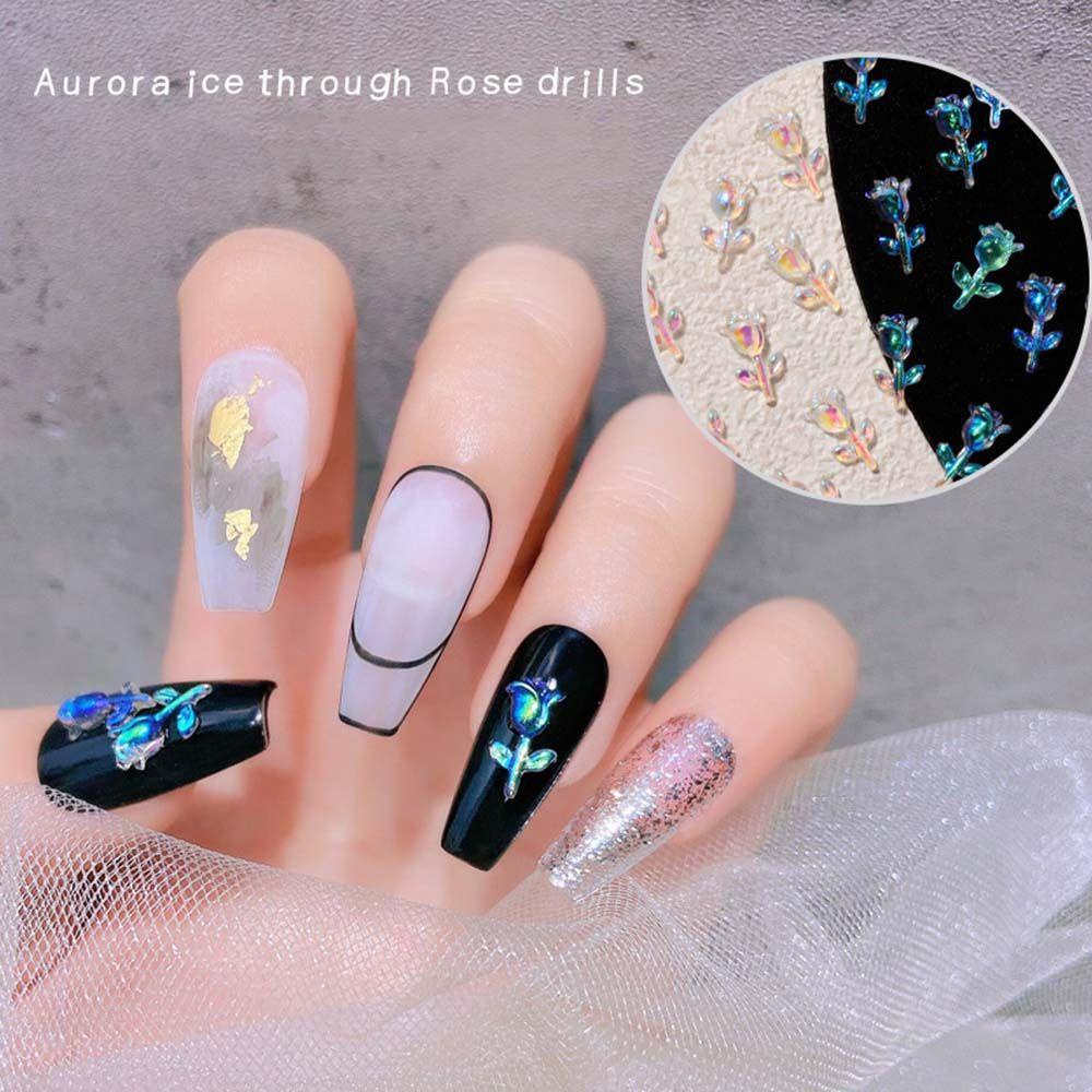 AUGUSTINA Agustina Rose Nail Art Perhiasan Ungu Mengkilap Korea Halus Aurora Rose Bunga Kristal DIY Dekorasi Kuku