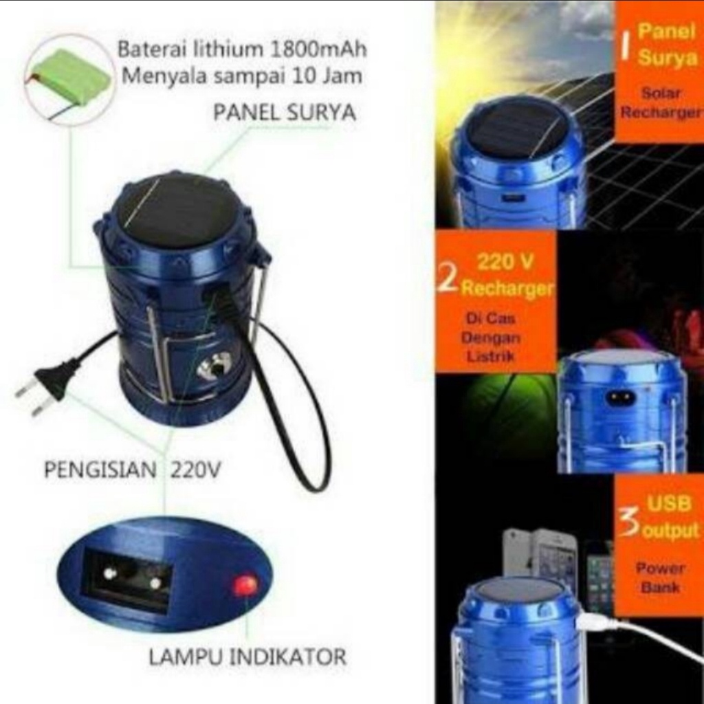 【COD】 Lampu Darurat Emergensi + Senter` Lentera Tenda Cas USB &amp; Tenaga Surya` Charge Emergency` Camping Mancing Hiking