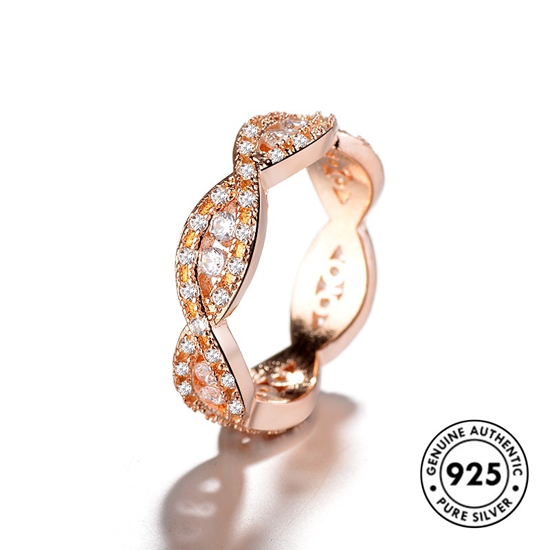 Cincin Sterling Silver 925 Model Silang Warna Rose Gold Dengan Berlian Imitasi Untuk Wanita