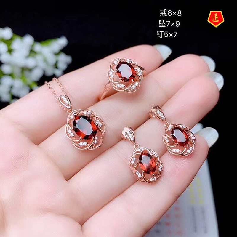 [Ready Stock]Natural Garnet Set Simple Fashion Rings Pendants Stud Earrings