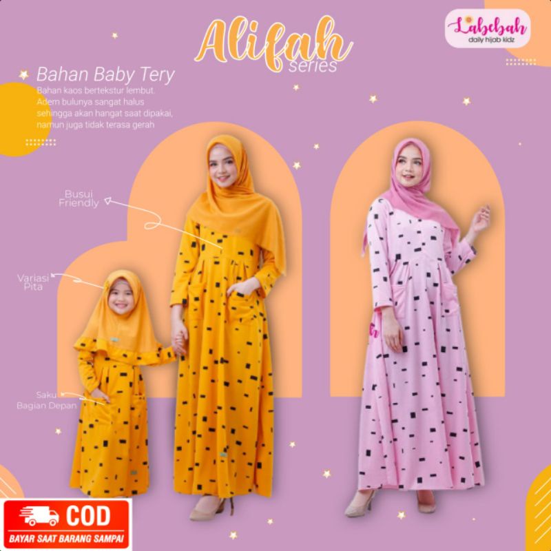 LABEBAH GAMIS COUPLE IBU DAN ANAK USIA 8 - 9 TAHUN BAHAN PREMIUM BABY TERRY ALIFAH SERIES DRESS CASU