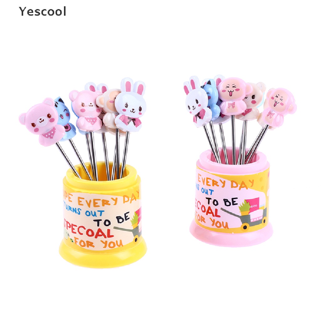 Yescool 1 Set Garpu Buah / Dessert Bahan Stainless Steel Desain Hewan Warna Pelangi Dengan Toples Penyimpanan