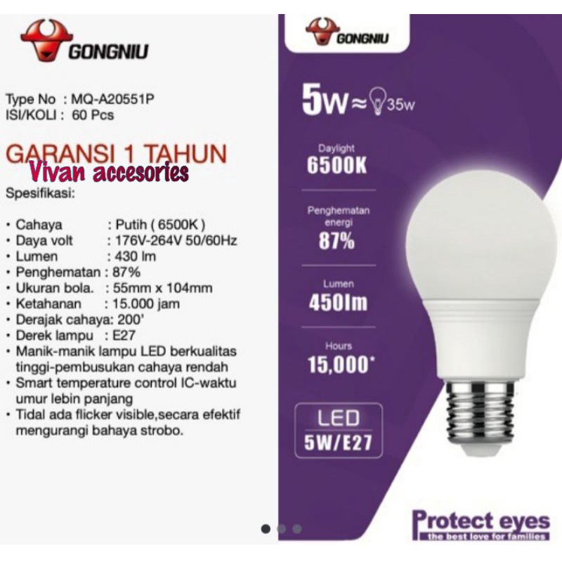 Goneo Lampu LED GONGNIU Bohlam 5watt 6500K,Lumen 450lm E27 putih garansi