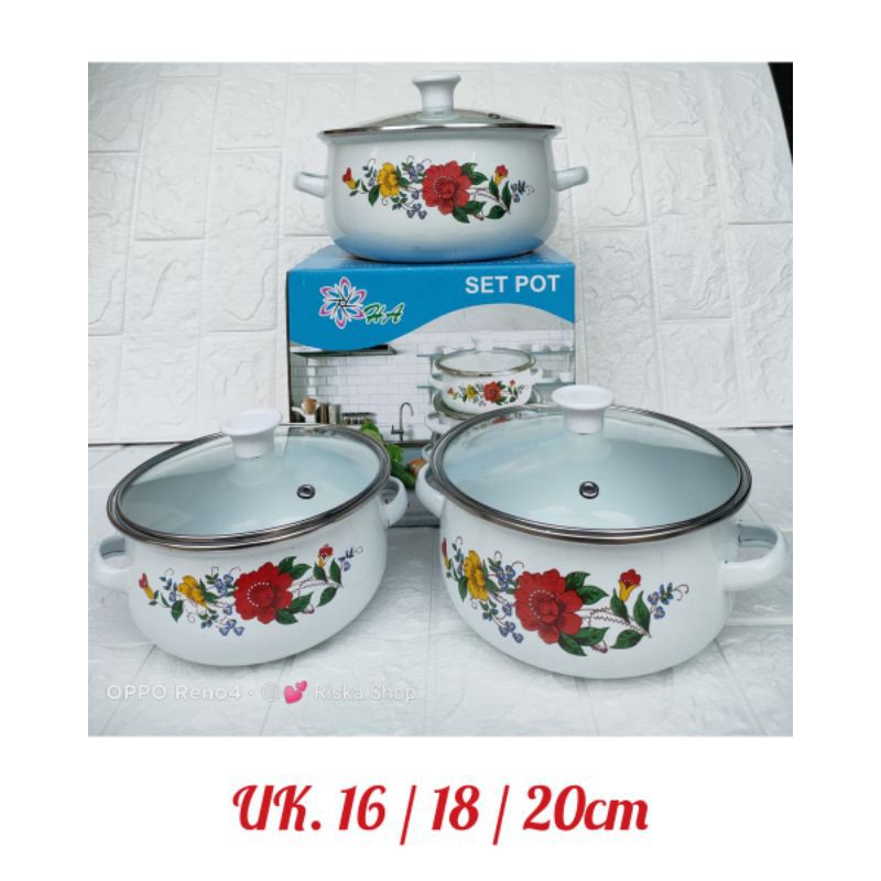 panci jadul panci bunga set isi 3 tutup kaca panci enamel