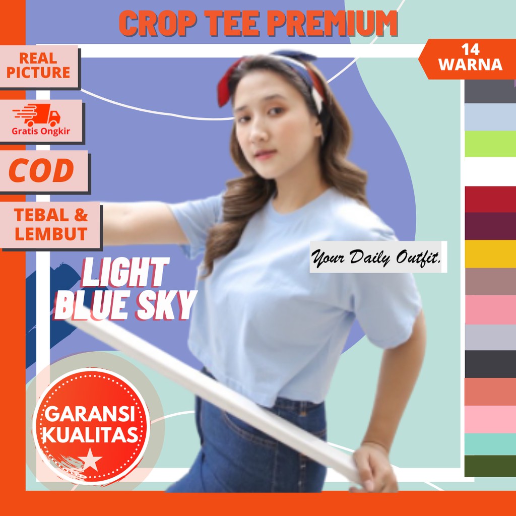 Kaos Crop Tee Polos Wanita Light Blue Sky / Tshirt Crop Top Lengan Pendek Biru Muda Langit