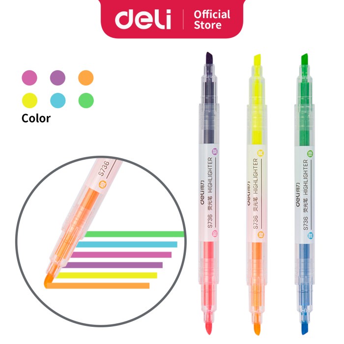 

TULIS-ALAT- DELI HIGHLIGHTER UJUNG 2 WARNA 3PCS/PAK 6 WARNA S736 -ALAT-TULIS.
