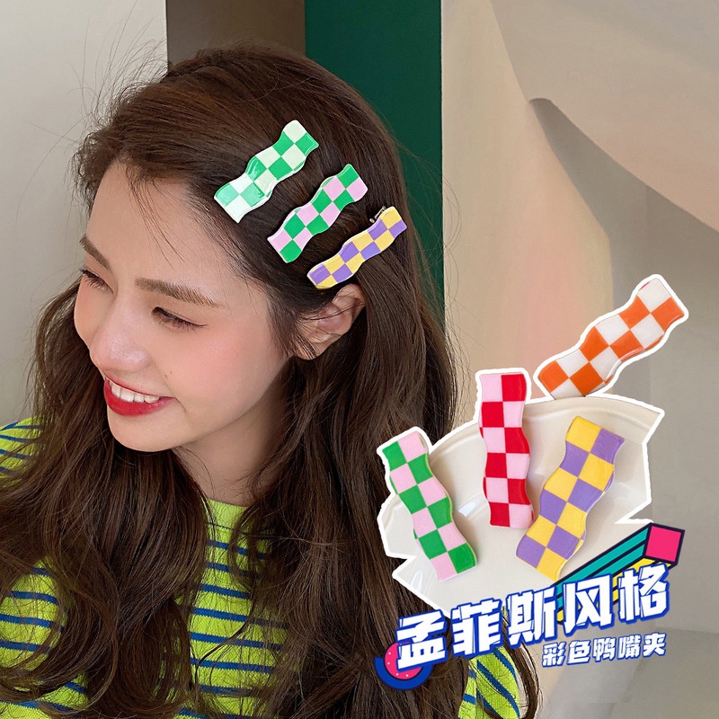 Wavy checkerboard hairpin sweet wild Korean bangs clip simple color plaid hairpin Grid hair accessories