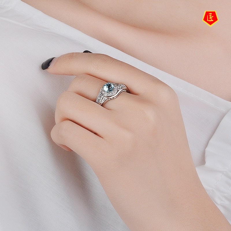 [Ready Stock]925 Silver Ring Full Diamond Spring Shape Inlaid Blue Gem