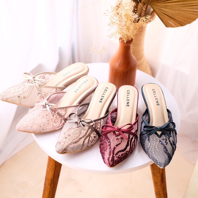 [CELLENE] CANBERRY Clear Heels / wedding shoes 5cm hak kaca brukat brokat sepatu pengantin pita