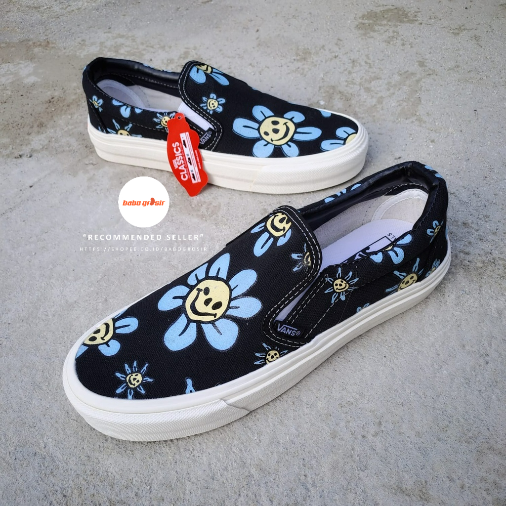 PROMO Sepatu Vans Slip On Trippy Grin Floral Black Yellow Premium Import Quality, Harga Termurah, Kualitas Terbaik